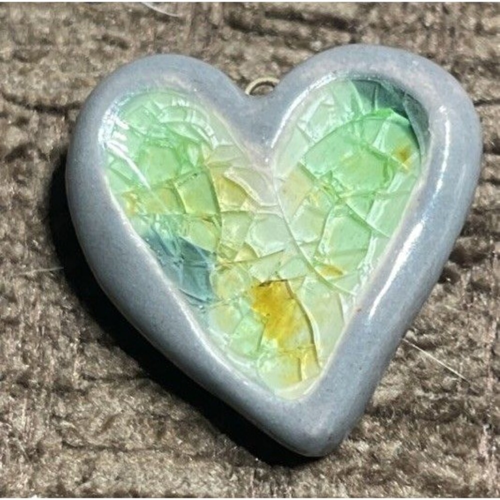 Green Gray Heart Ceramic‎ + Glass Pendant Handmade Art Necklace Unique Artisan